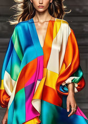 Bohemian Rainbow Asymmetrical Patchwork Silk Party Dress Fall