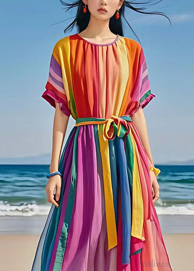 Bohemian Rainbow O Neck Tie Waist Holiday Dress Summer