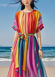 Bohemian Rainbow O Neck Tie Waist Holiday Dress Summer