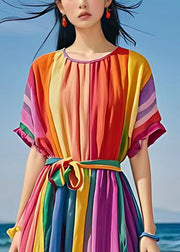 Bohemian Rainbow O Neck Tie Waist Holiday Dress Summer