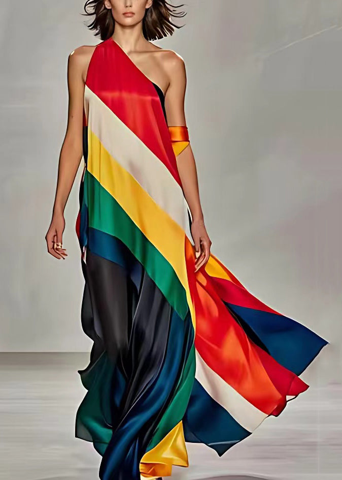 Bohemian Rainbow Striped Cold Shoulder Silk Maxi Dress Sleeveless