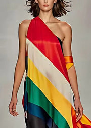 Bohemian Rainbow Striped Cold Shoulder Silk Maxi Dress Sleeveless