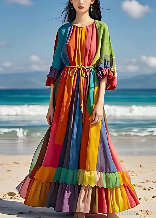 Bohemian Rainbow Tie Waist Wrinkled Cotton Maxi Dresses Half Sleeve