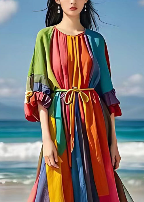 Bohemian Rainbow Tie Waist Wrinkled Cotton Maxi Dresses Half Sleeve