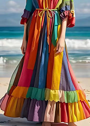 Bohemian Rainbow Tie Waist Wrinkled Cotton Maxi Dresses Half Sleeve