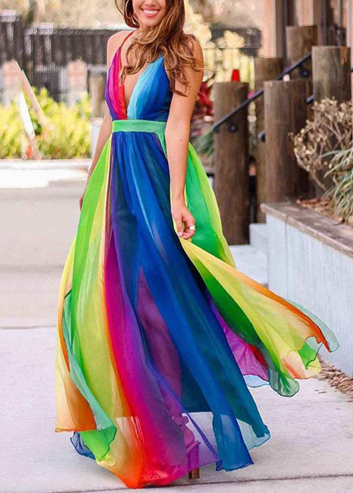 Bohemian Rainbow V Neck Backless Chiffon Spaghetti Strap Dress Sleeveless