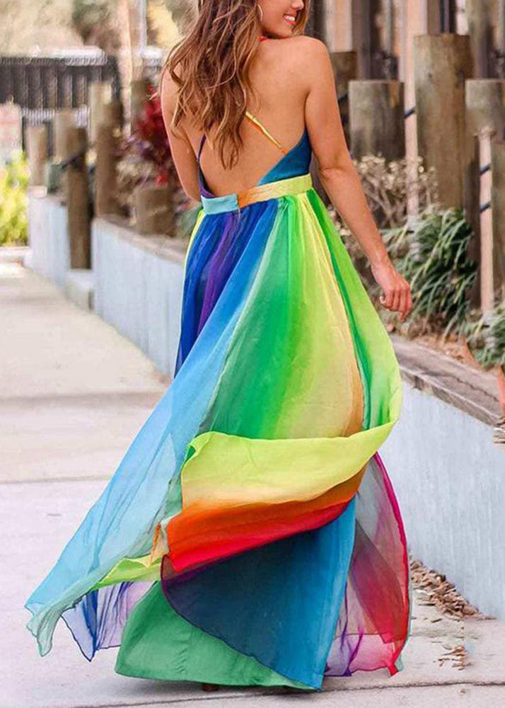 Bohemian Rainbow V Neck Backless Chiffon Spaghetti Strap Dress Sleeveless