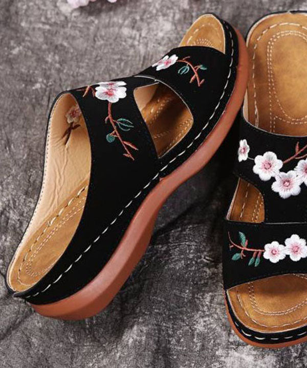 Bohemian Red Embroideried Faux Leather Splicing Wedge Slide Sandals