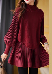 Bohemian Red High Neck Patchwork Knit Pleated Shirts Spring