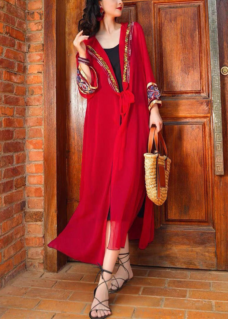 Bohemian Red Hooded Lace Up Chiffon Long Cardigans Spring