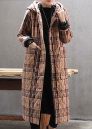 Bohemian Red Hooded Plaid Pockets Fine Cotton Filled Long Coat Outwear Winter