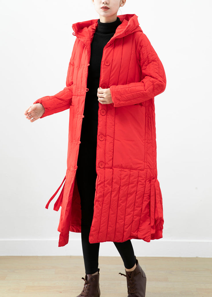 Bohemian Red Hooded Pockets Fine Cotton Filled Puffer Jacket Winter