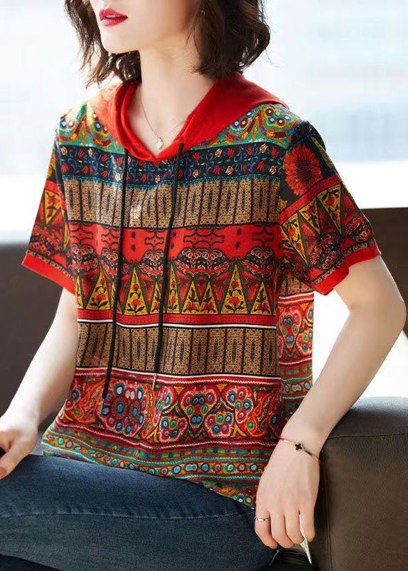 Bohemian Red Hooded Print Patchwork Chiffon T Shirts Tops Summer