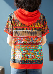 Bohemian Red Hooded Print Patchwork Chiffon T Shirts Tops Summer