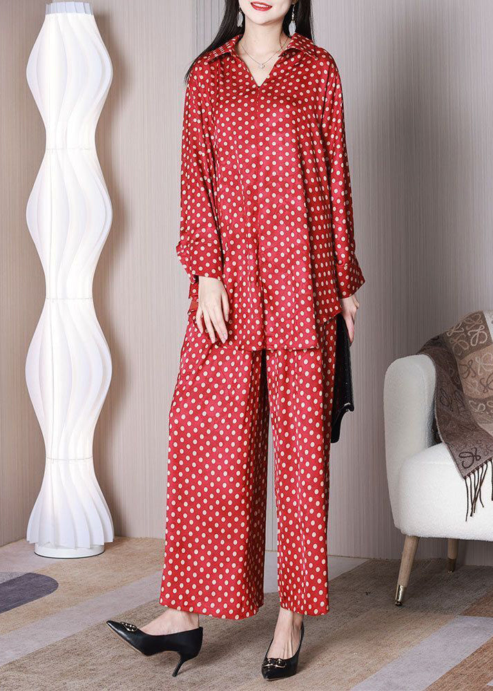 Bohemian Red Oversized Dot Print Draping Silk Two Piece Set Outfits Spring