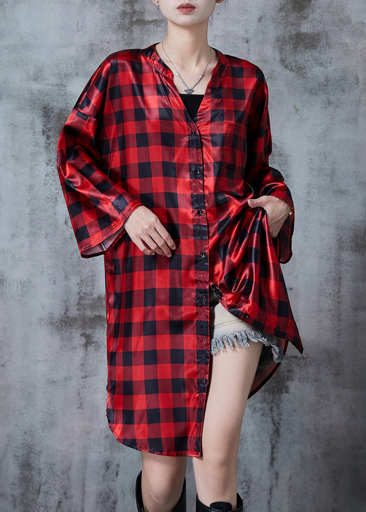 Bohemian Red Oversized Plaid Shirt Dresses Fall