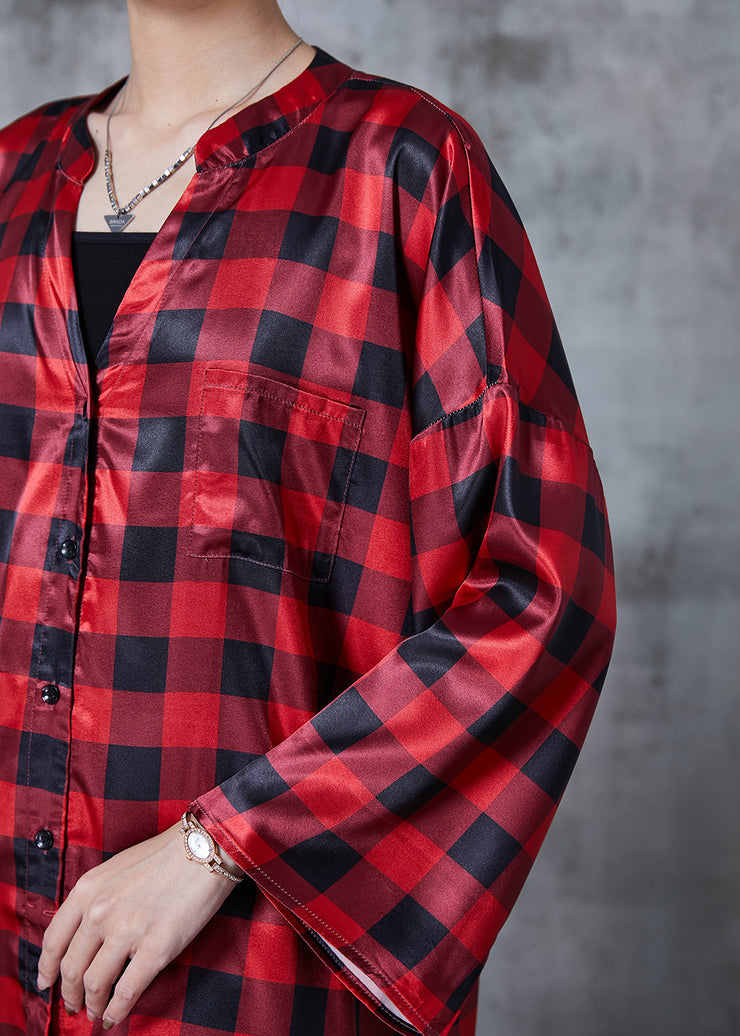 Bohemian Red Oversized Plaid Shirt Dresses Fall