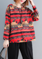 Bohemian Red Oversized Print Cotton Tops Spring