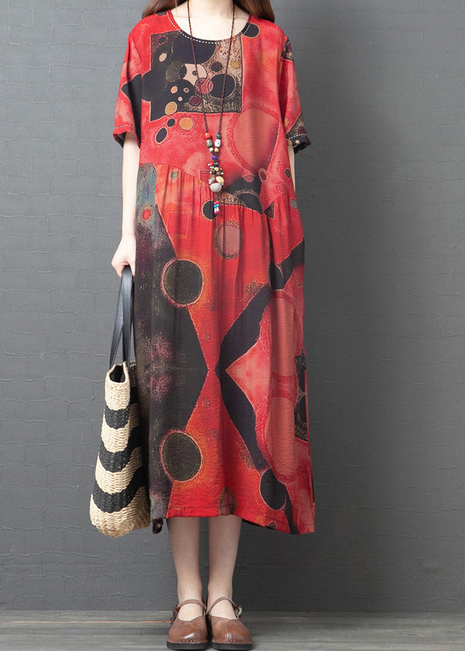 Bohemian Red Oversized Print Linen Dress Summer