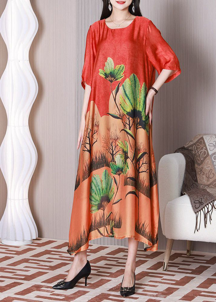 Bohemian Red Oversized Print Silk Maxi Dresses Half Sleeve