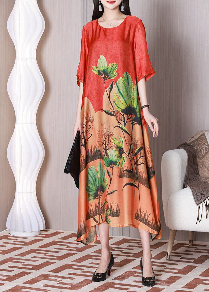 Bohemian Red Oversized Print Silk Maxi Dresses Half Sleeve