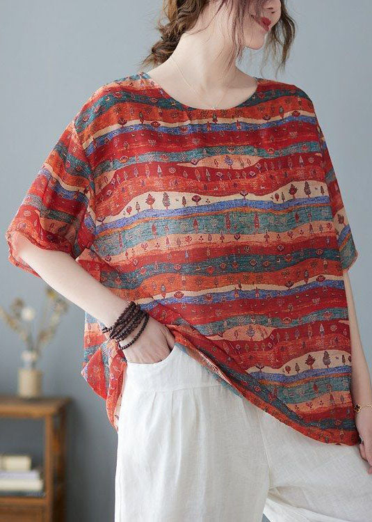 Bohemian Red Oversized Striped Linen Tank Summer