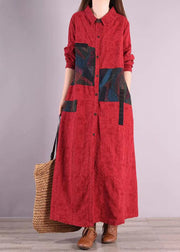 Bohemian Red Peter Pan Collar Patchwork Cotton Shirts Dress Fall