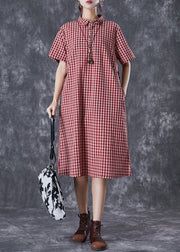 Bohemian Red Peter Pan Collar Plaid Linen Maxi Dress Summer