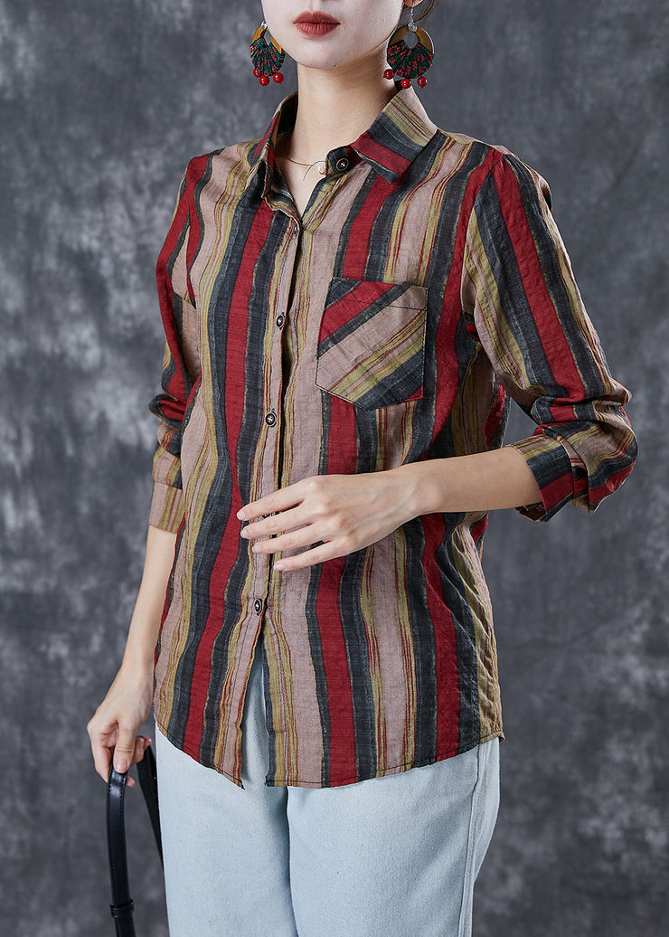 Bohemian Red Peter Pan Collar Striped Linen Shirt Top Fall