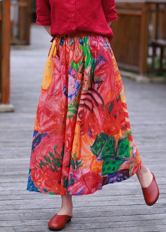 Bohemian Red Pockets Elastic Waist Cotton Skirt Spring