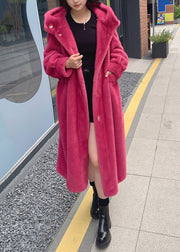 Bohemian Red Pockets Mink Hair Knitted Hoodie Long Coat Winter