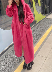 Bohemian Red Pockets Mink Hair Knitted Hoodie Long Coat Winter