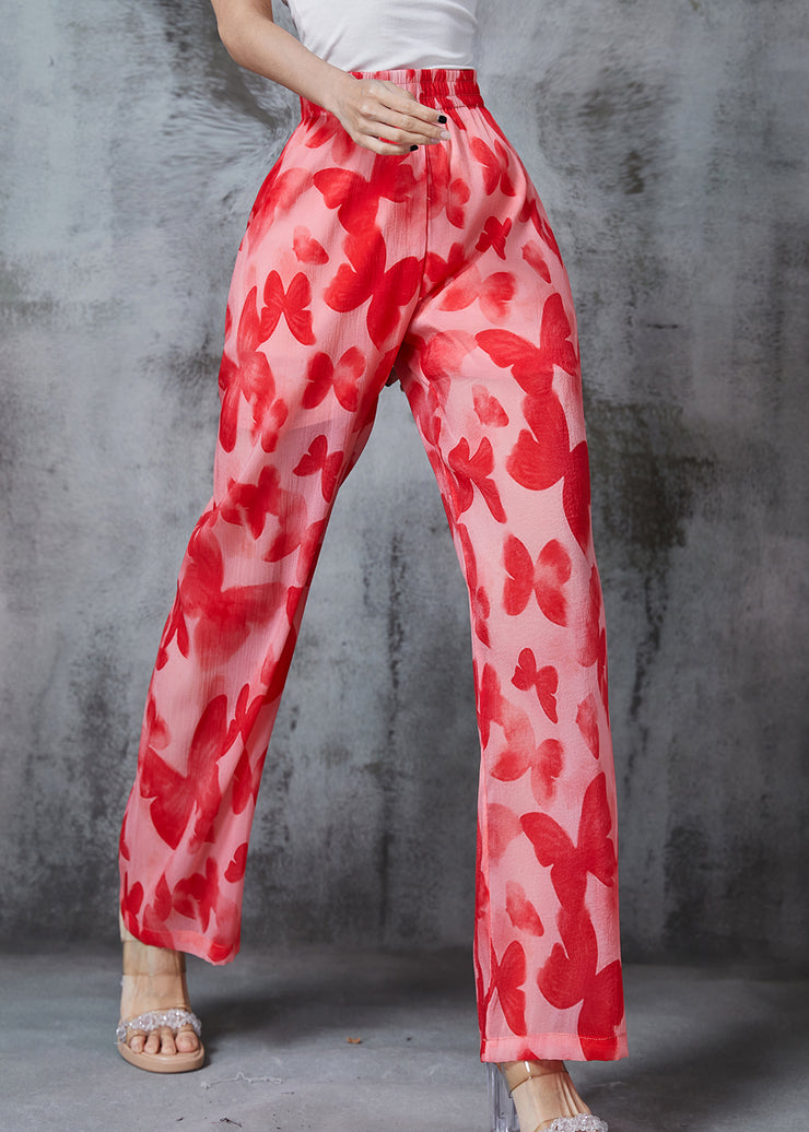 Bohemian Red Print Silk Straight Pants Summer