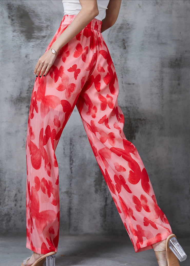 Bohemian Red Print Silk Straight Pants Summer