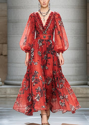 Bohemian Red Ruffled Print Chiffon Cinched Dress Fall