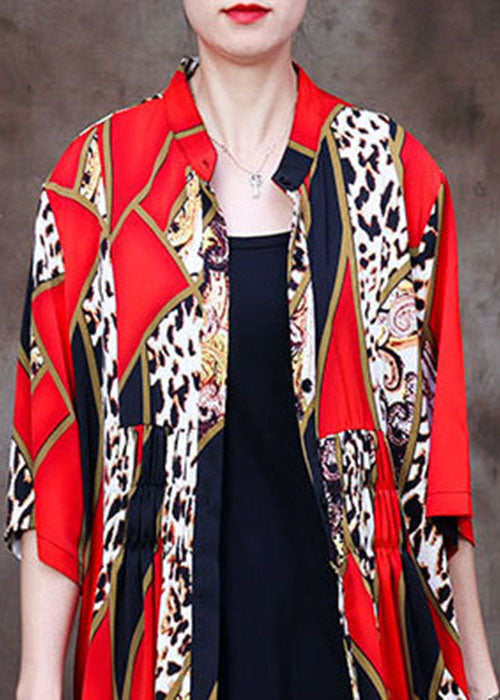 Bohemian Red Stand Collar Leopard Print Chiffon Long Cardigans Summer