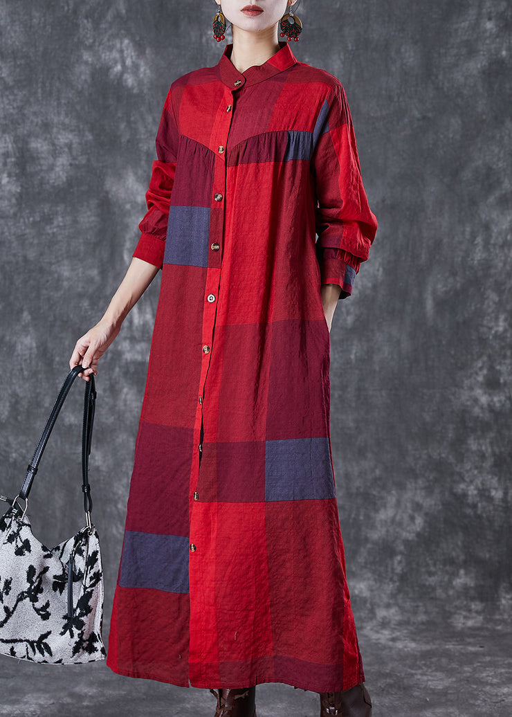 Bohemian Red Stand Collar Print Linen Long Dresses Fall