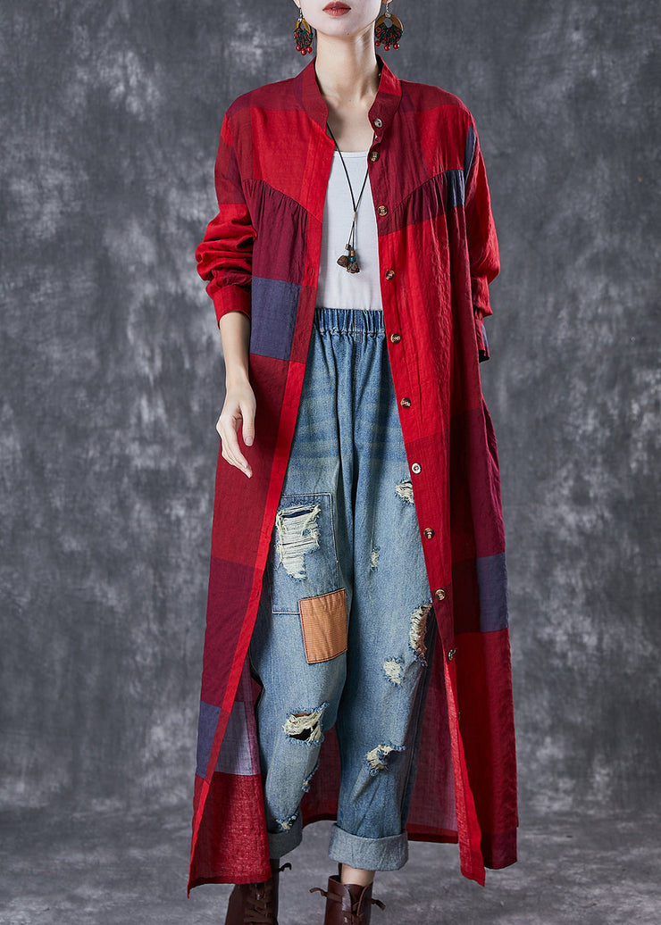 Bohemian Red Stand Collar Print Linen Long Dresses Fall