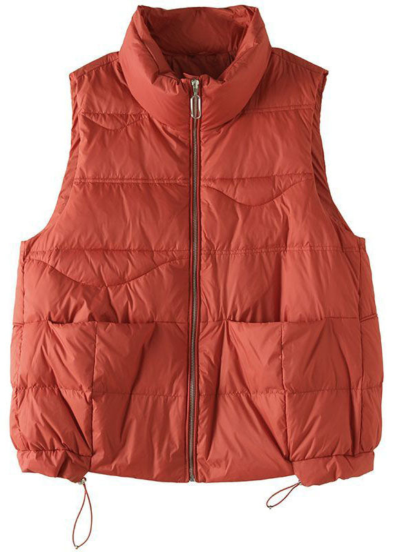 Bohemian Red Stand Collar Zip Up Pockets Drawstring Duck Down Vest Winter