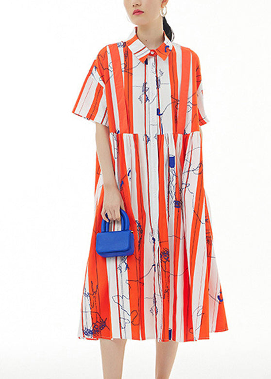 Bohemian Red Striped Peter Pan Collar Print Cotton Maxi Shirt Dress Summer