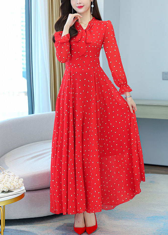 Bohemian Red V Neck Bow Print Chiffon Maxi Dresses Lantern Sleeve