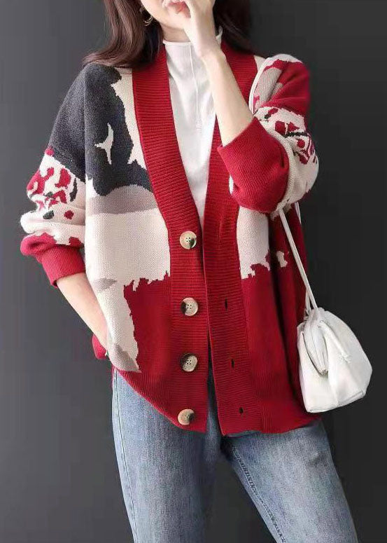 Bohemian Red V Neck Jacquard Cozy Cashmere Cardigan Spring