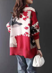 Bohemian Red V Neck Jacquard Cozy Cashmere Cardigan Spring