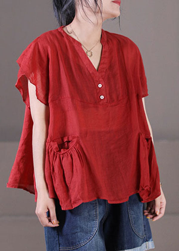 Bohemian Red V Neck Patchwork Cotton Linen Tank Tops Short Sleeve