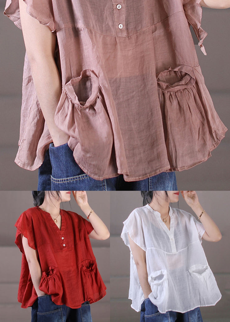 Bohemian Red V Neck Patchwork Cotton Linen Tank Tops Short Sleeve