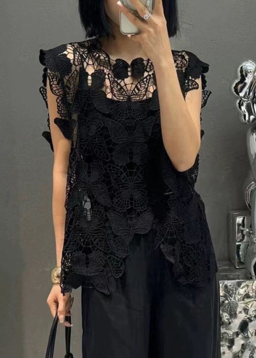 Bohemian Rose Butterfly Hollow Out Lace Tops Sleeveless