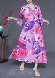 Bohemian Rose Cinched Patchwork Print Silk Vacation Dress Summer