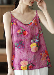 Bohemian Rose O Neck Print Patchwork Linen Tank Sleeveless