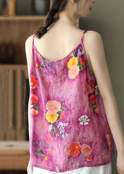 Bohemian Rose O Neck Print Patchwork Linen Tank Sleeveless