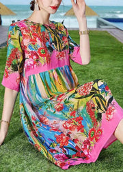 Bohemian Rose O-Neck Print Patchwork Silk Beach Dresses Short Sleeve